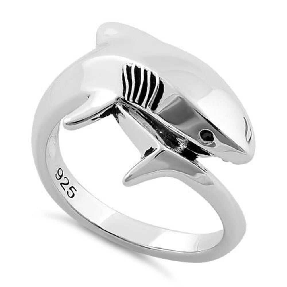 Sterling Silver Shark Black CZ Ring New